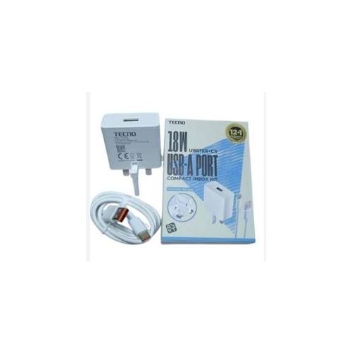 TIME LIMITED DEAL!!!!Tecno 18W USB-A Fast Charger U180TKA+C11 Compact Inbox Kit, Original Wall Charger With Type-C Cable, Fast Charging Power Adapter, White