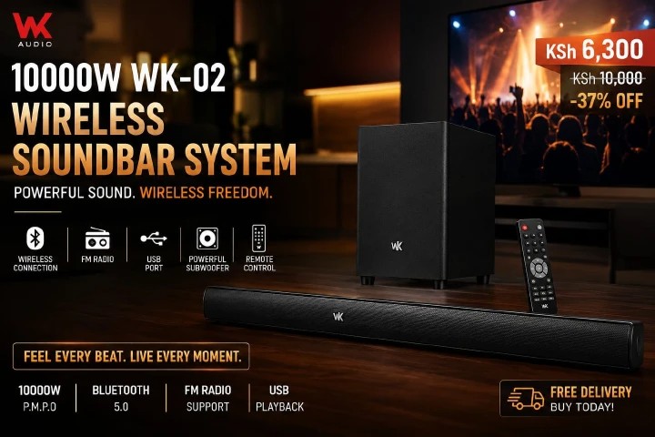 10000W WK-02 WIRELESS BLUETOOTH SOUNDBAR SYSTEM WITH SUBWOOFER FM RADIO , BLUETOOTH ,& USB PORT