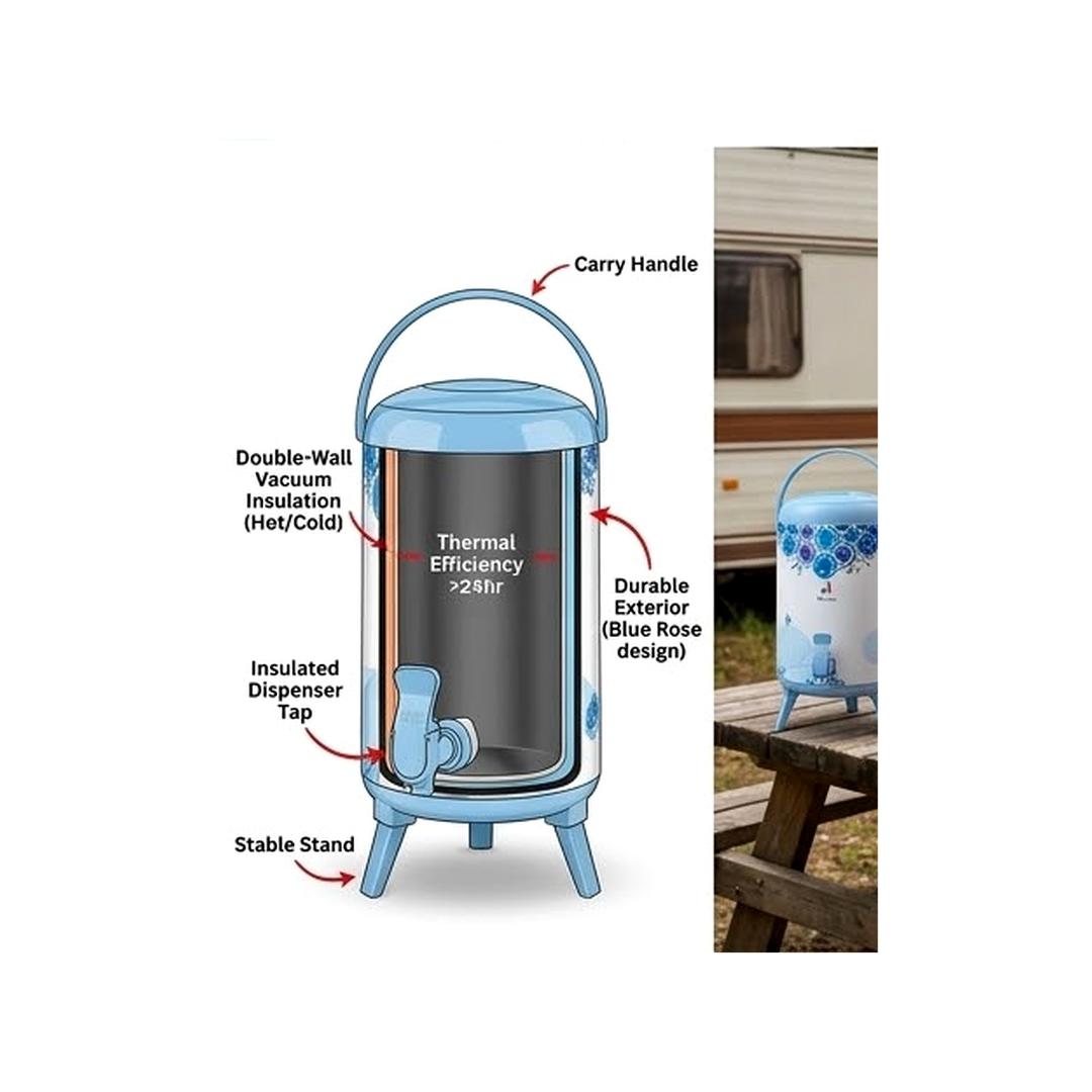Nice One 9.5L Thermal Beverage Dispenser Flask – Insulated Hot & Cold Water Jug with Tap & Stand (Floral Edition)