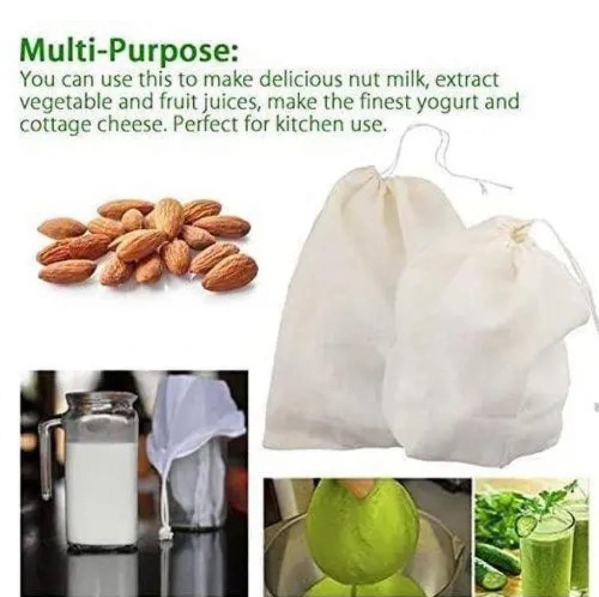 2PC Cheese Cloth Bag with Drawstring Unbleached Reusable Cotton Filter Bag for Straining Nut milk, Soy Milk, Yogurt, Cold Brew, Coffee, Tea, Juice, Almond Milk, Spice, Paneer, Curd, Cheesecloth Bag