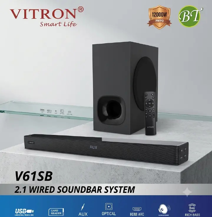 VITRON V61SB SOUNDBAR SYSTEM 12000W PMPO DEEP BASS WIRED AUX USB BLUETOOTH OPTICAL ARC.