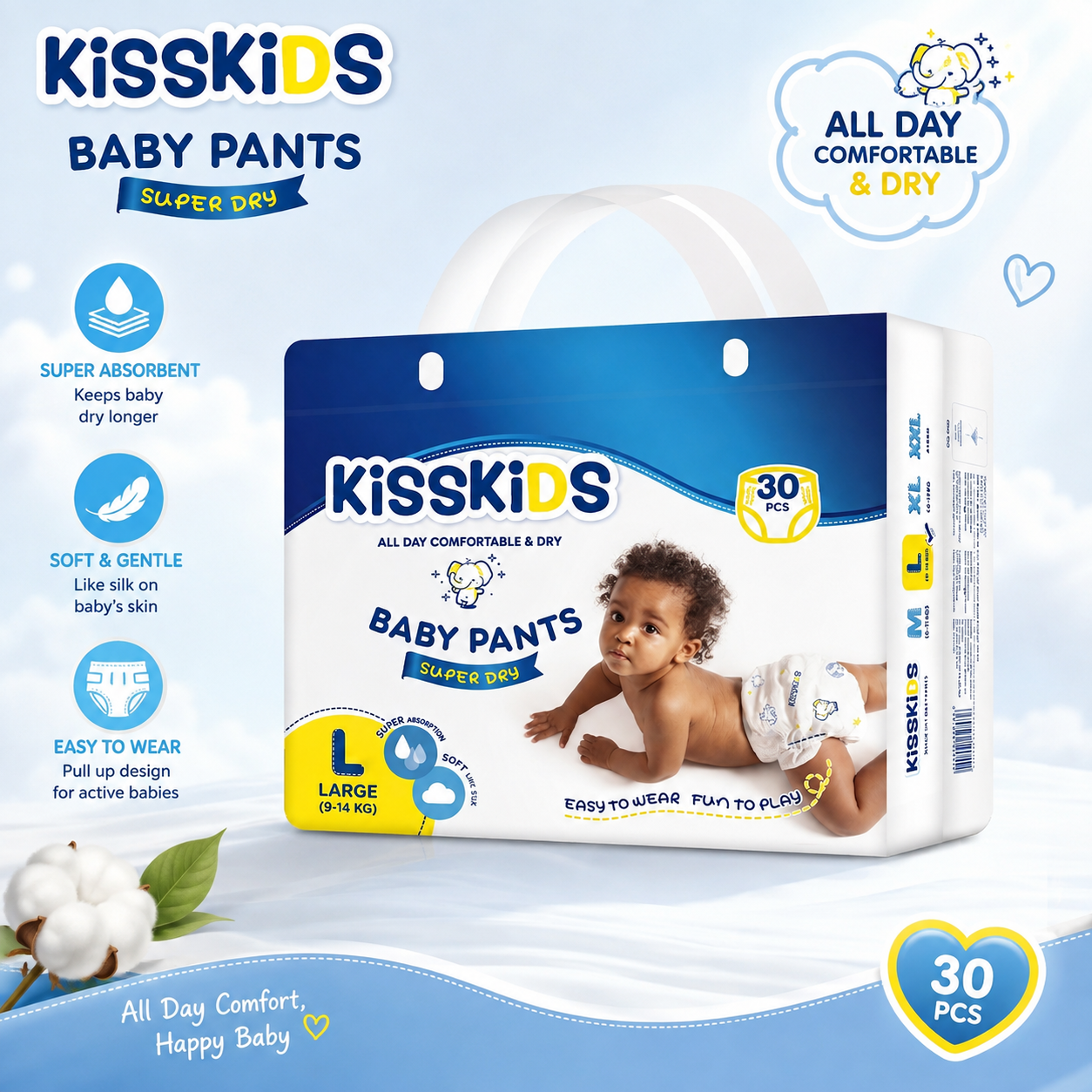 KISSKIDS Baby Pants M Size 32pcs – Super Absorbent & Comfortable Baby Nappies