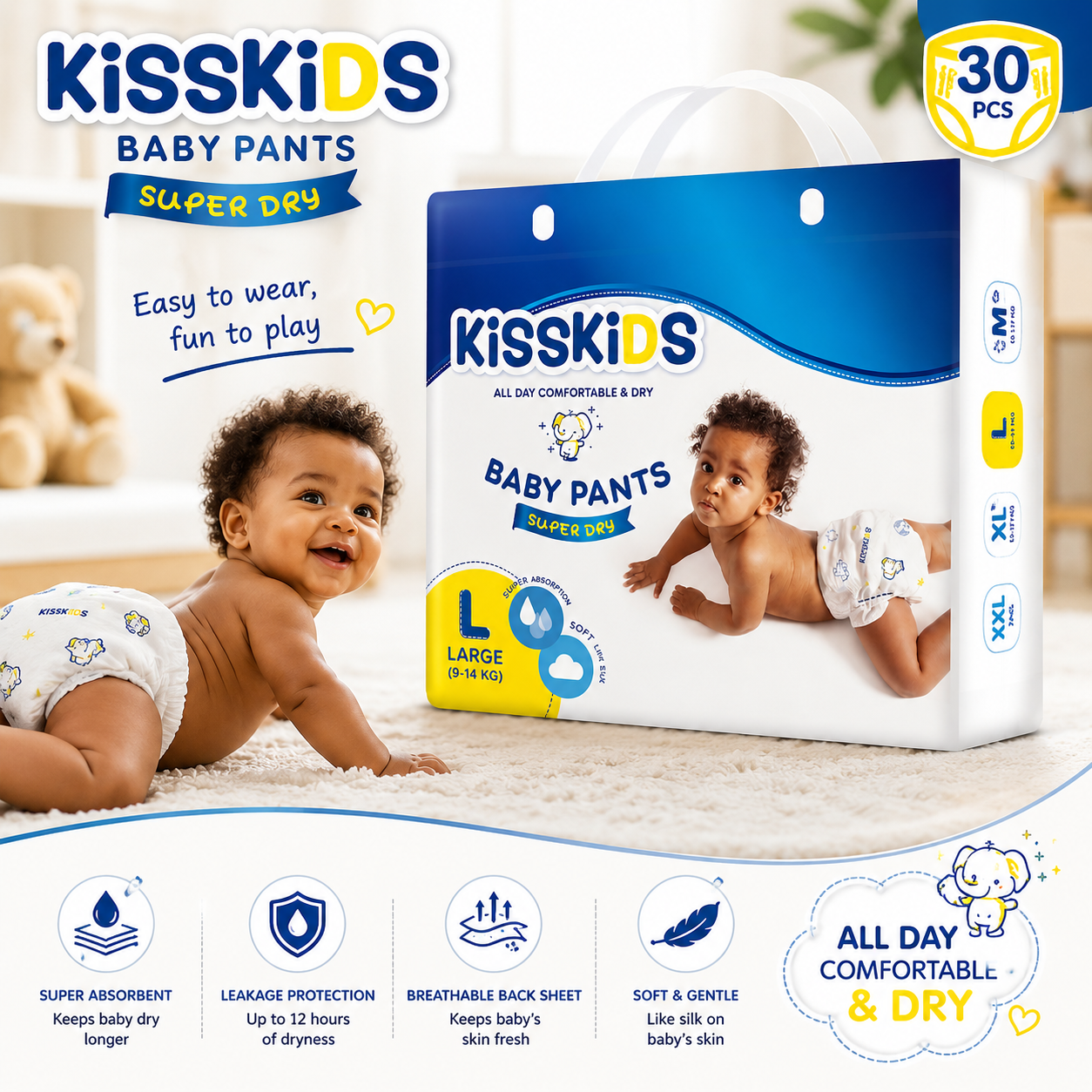 KISSKIDS Baby Pants M Size 32pcs – Super Absorbent & Comfortable Baby Nappies