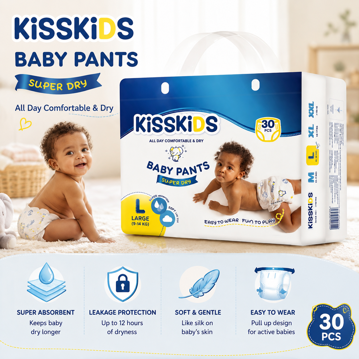 KISSKIDS Baby Pants M Size 32pcs – Super Absorbent & Comfortable Baby Nappies