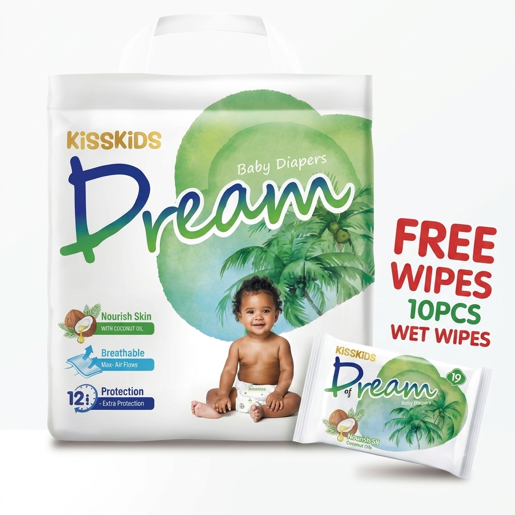 KISSKIDS Dream Baby Diapers Size L 40PCS– Super Dry & Comfortable + Free 10pcs Wet Wipes