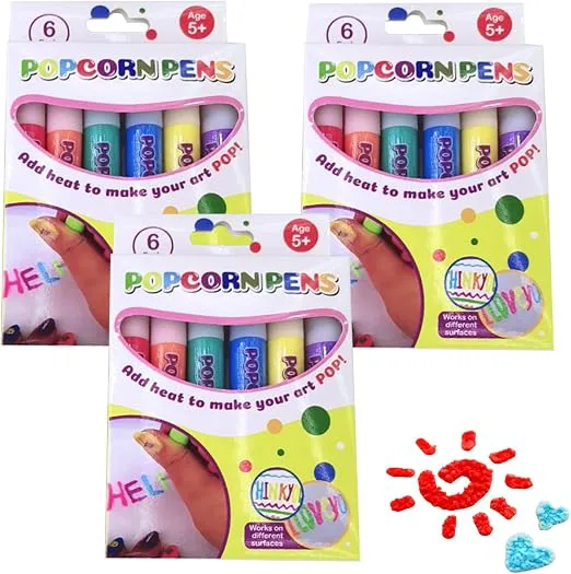 18PCS Popcorn Pens, 3D Art Safe Puffy Pens 6 Colors DIY Bubble Popcorn Drawing for Greeting Birthday Cards Kids