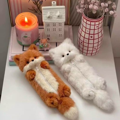 Cute Fox Plush Pencil Case Soft Pencil Pouch for Students Kids Stationery