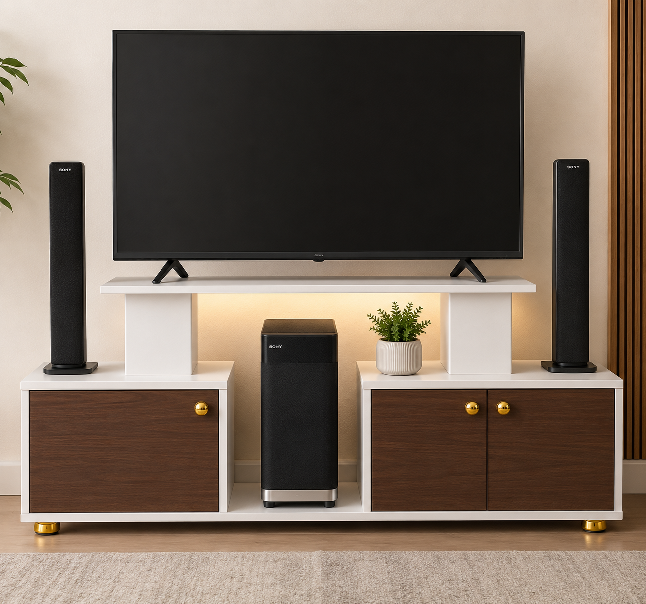 Istanbul 2 Modern TV Stand with LED Bulb | TV Cabinet for Up to 43-Inch TVs | White and Brown |  Almar Designs Kenya
