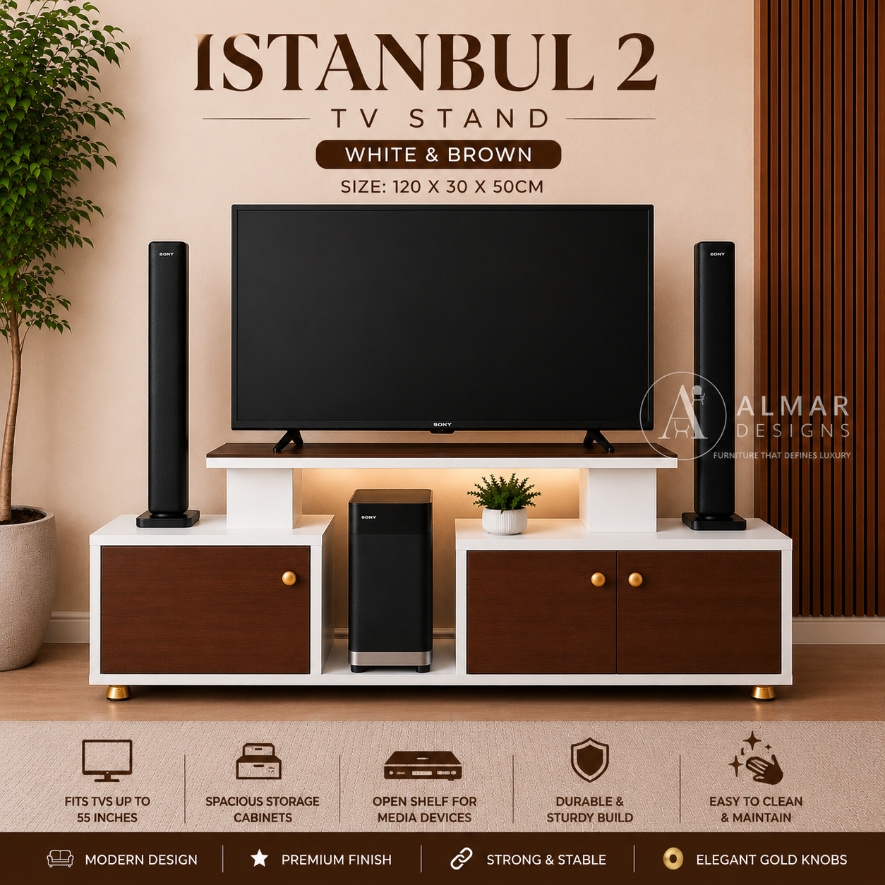 Istanbul 2 Modern TV Stand with LED Bulb | TV Cabinet for Up to 43-Inch TVs | White and Brown |  Almar Designs Kenya