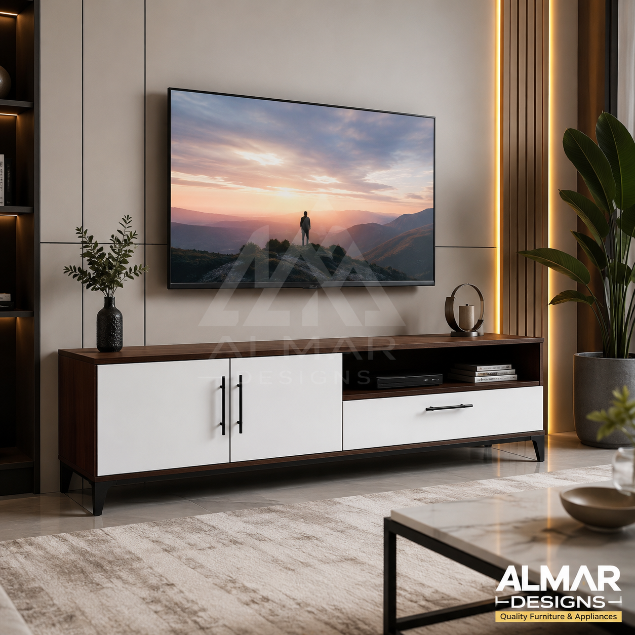 Milano  Modern TV Stand in Brown Walnut & White – 4ft, 5ft & 6ft TV Cabinet with Storage | Almar Designs