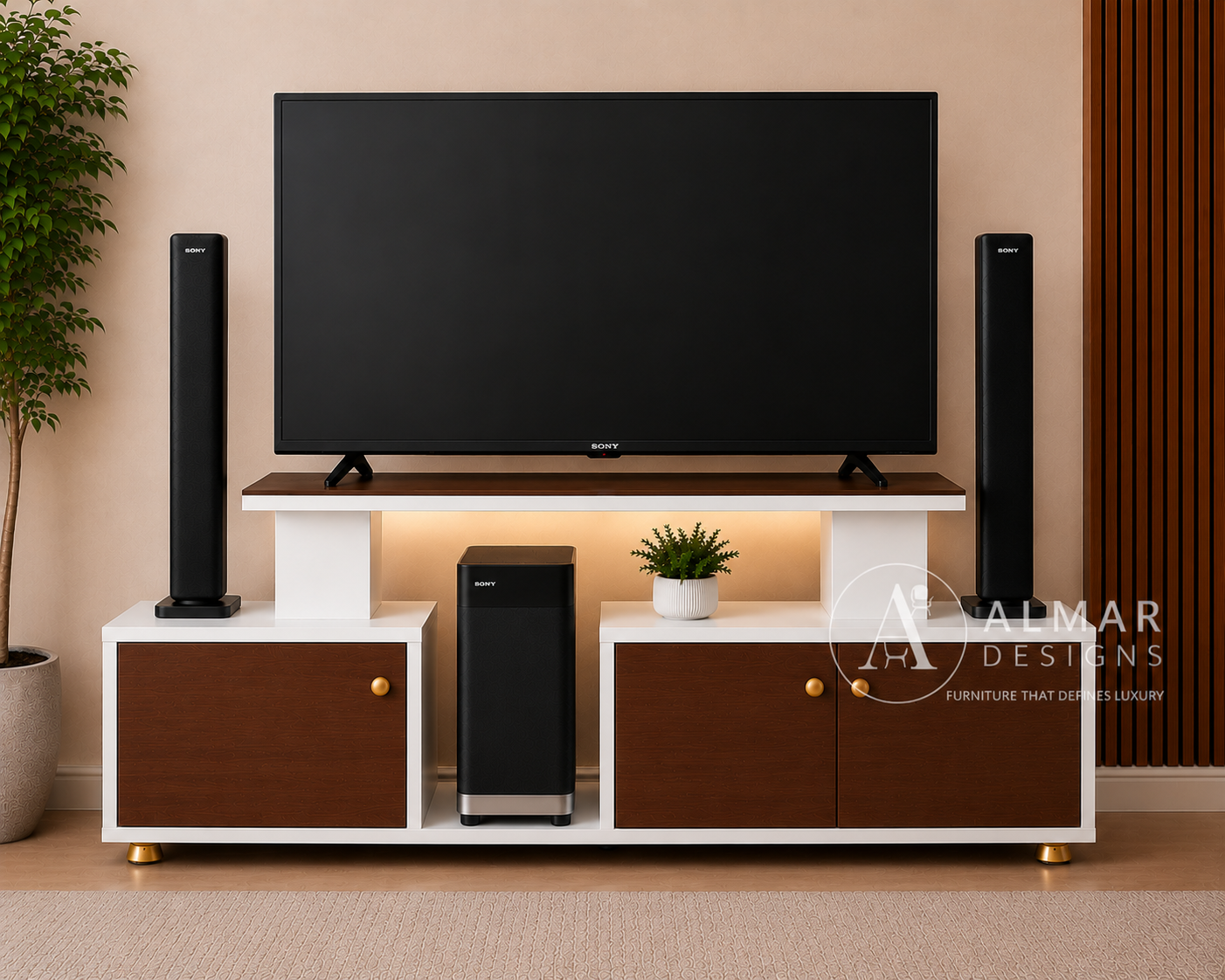 Istanbul 2 Modern TV Stand with LED Bulb | TV Cabinet for Up to 43-Inch TVs | White and Brown |  Almar Designs Kenya