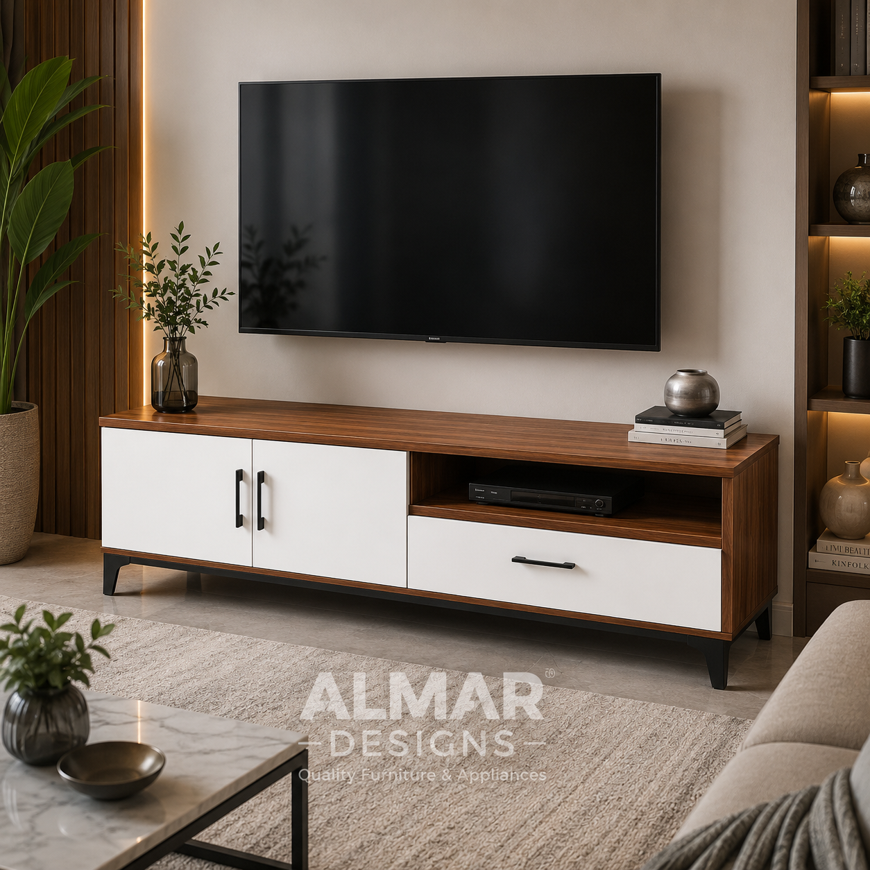 Milano  Modern TV Stand in Brown Walnut & White – 4ft, 5ft & 6ft TV Cabinet with Storage | Almar Designs