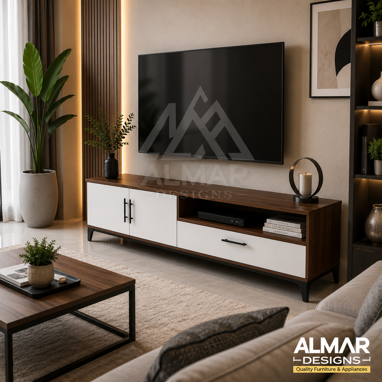 Milano  Modern TV Stand in Brown Walnut & White – 4ft, 5ft & 6ft TV Cabinet with Storage | Almar Designs