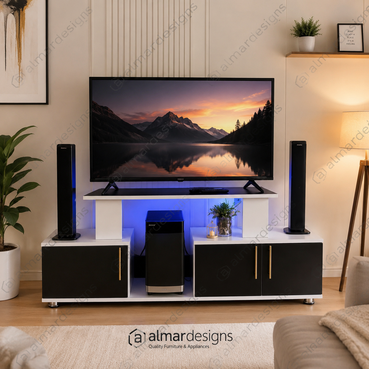 Istanbul 2 Modern TV Stand with LED Bulb | TV Cabinet for Up to 43-Inch TVs | White and Black | Almar Designs Kenya