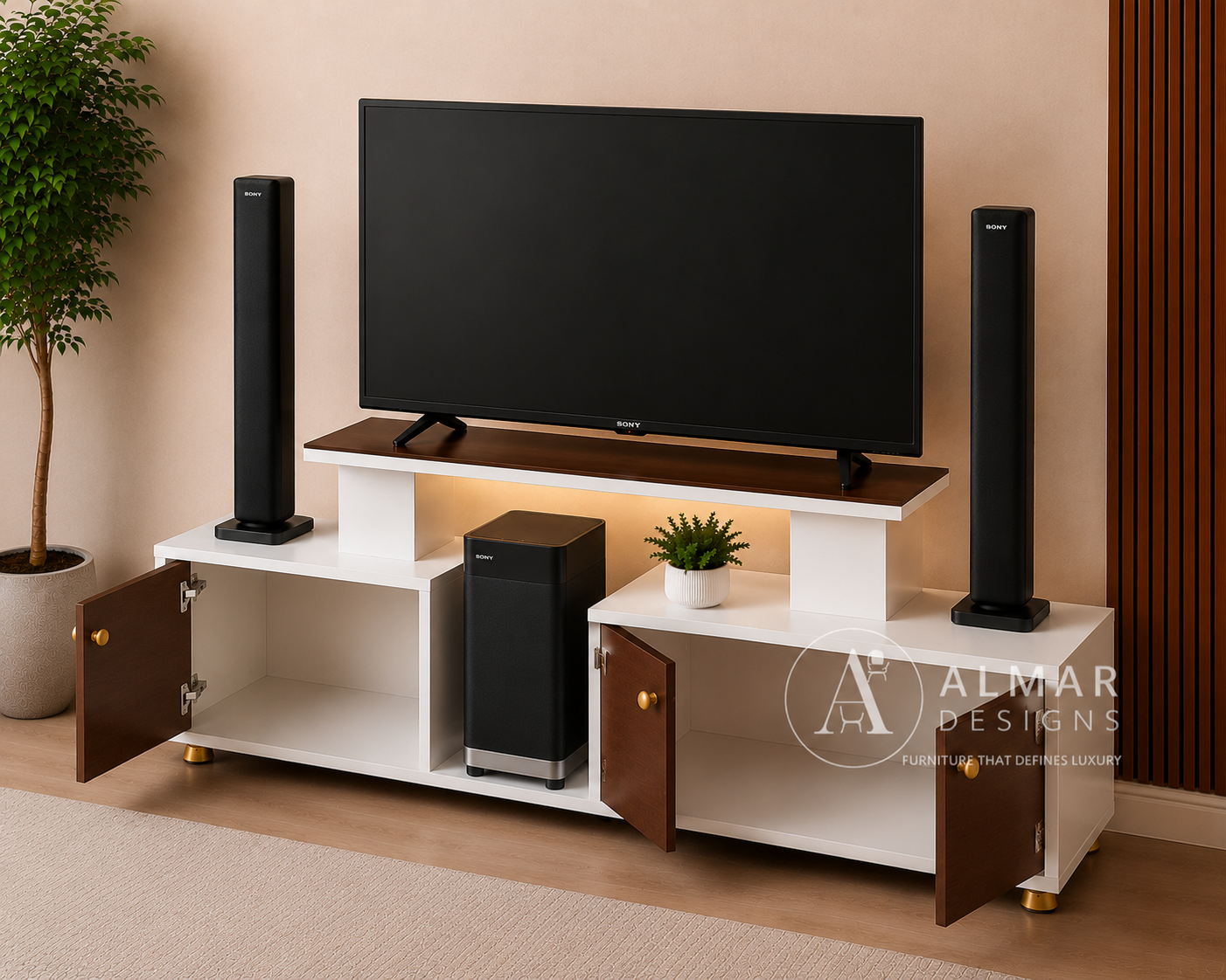 Istanbul 2 Modern TV Stand with LED Bulb | TV Cabinet for Up to 43-Inch TVs | White and Brown |  Almar Designs Kenya