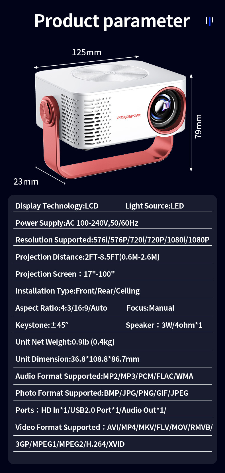 M60 Mini Portable Projector,2.4G+5G Dual‑Band WiFi,1080P Video Decoding,Built‑in Bracket for Home & Outdoor Use