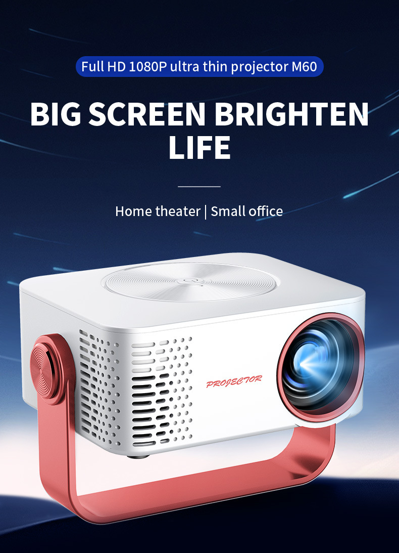 M60 Mini Portable Projector,2.4G+5G Dual‑Band WiFi,1080P Video Decoding,Built‑in Bracket for Home & Outdoor Use