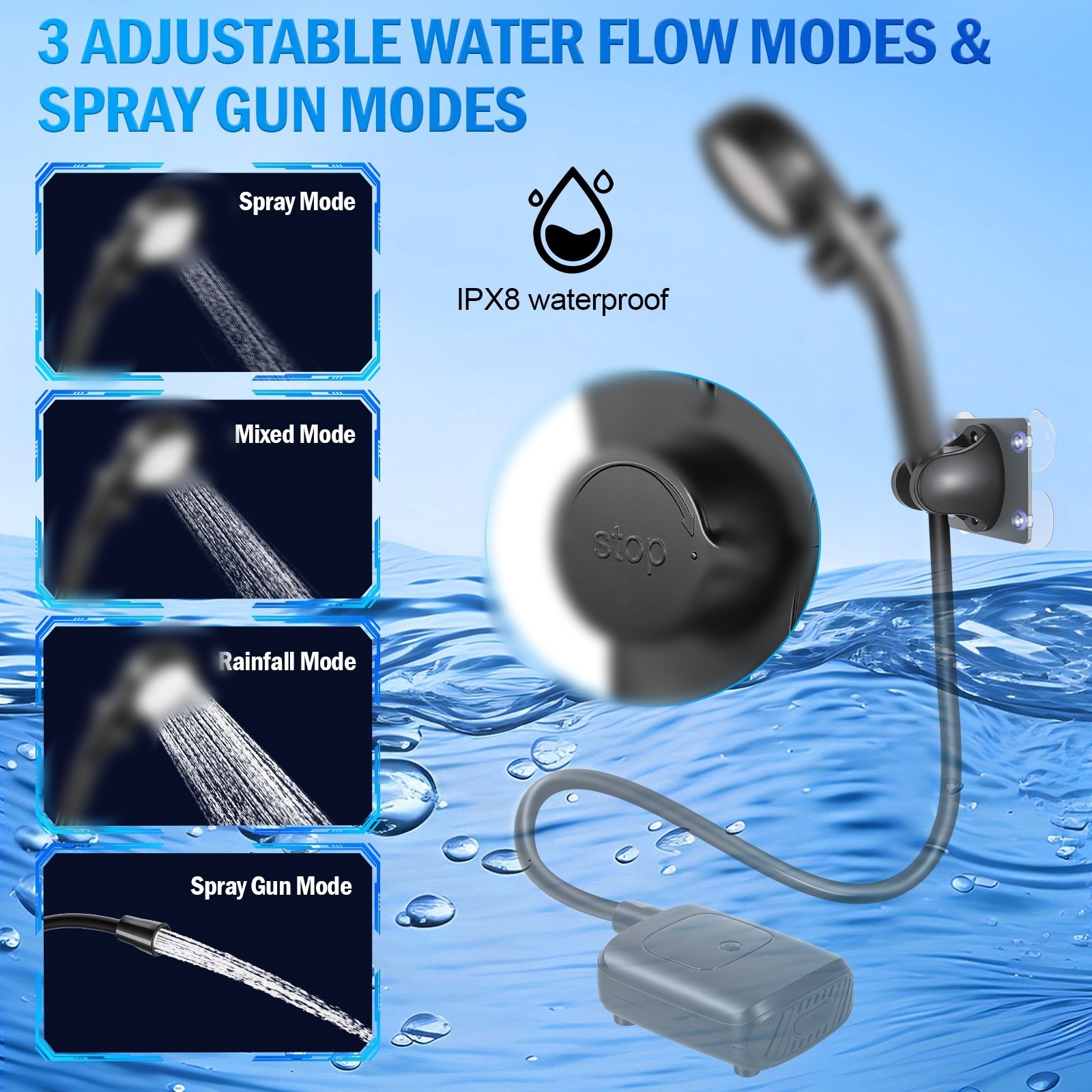 Portable rechargeable electric shower pump, adjustable water‑flow outdoor shower device for camping travel, pet bathing and simple car washing work