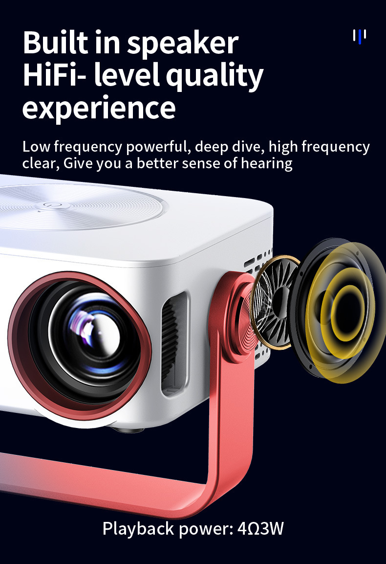 M60 Mini Portable Projector,2.4G+5G Dual‑Band WiFi,1080P Video Decoding,Built‑in Bracket for Home & Outdoor Use