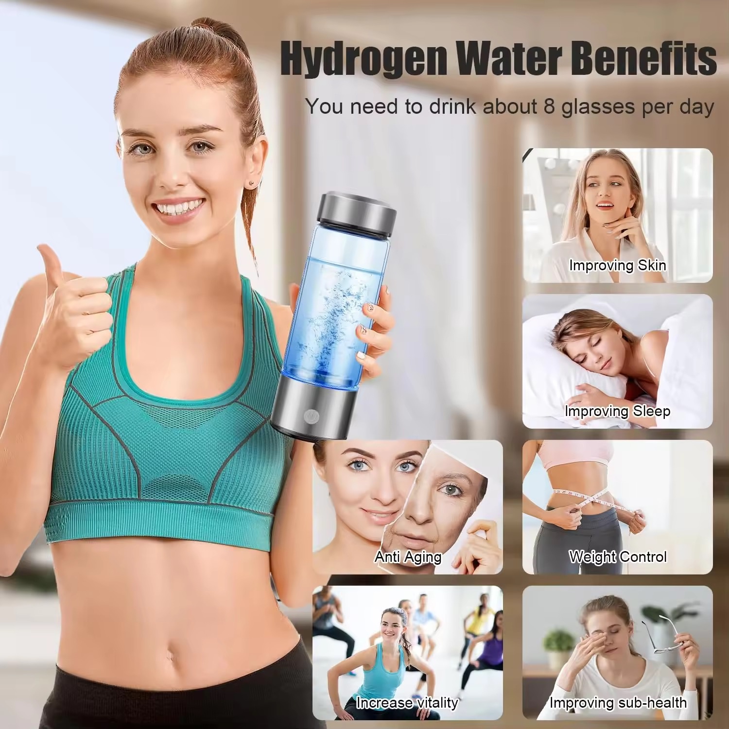 Portable Hydrogen‑rich Water Bottle USB Rechargeable Glass Water Cup for Home Outdoor Hydrogen Water Making Drinkware