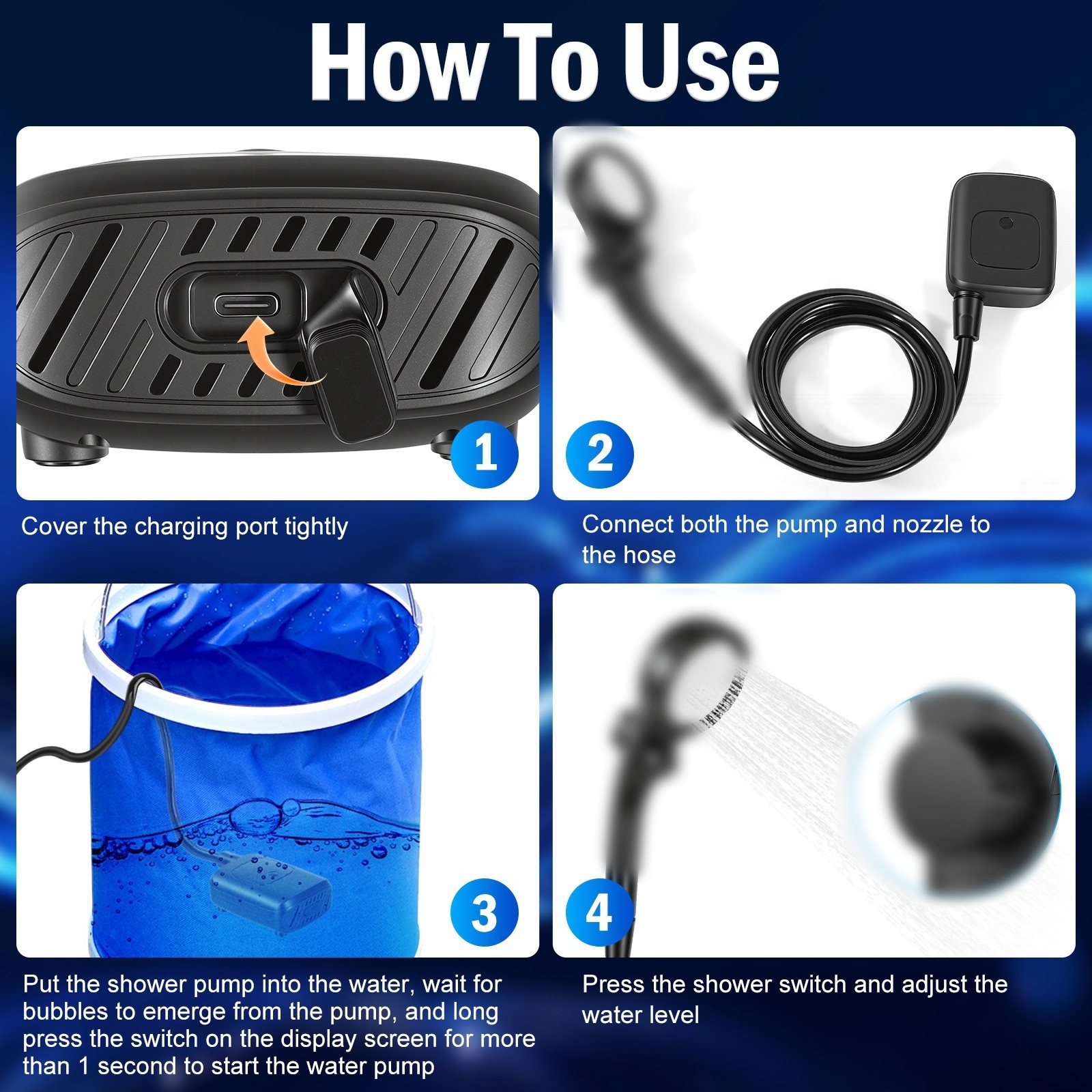 Portable rechargeable electric shower pump, adjustable water‑flow outdoor shower device for camping travel, pet bathing and simple car washing work
