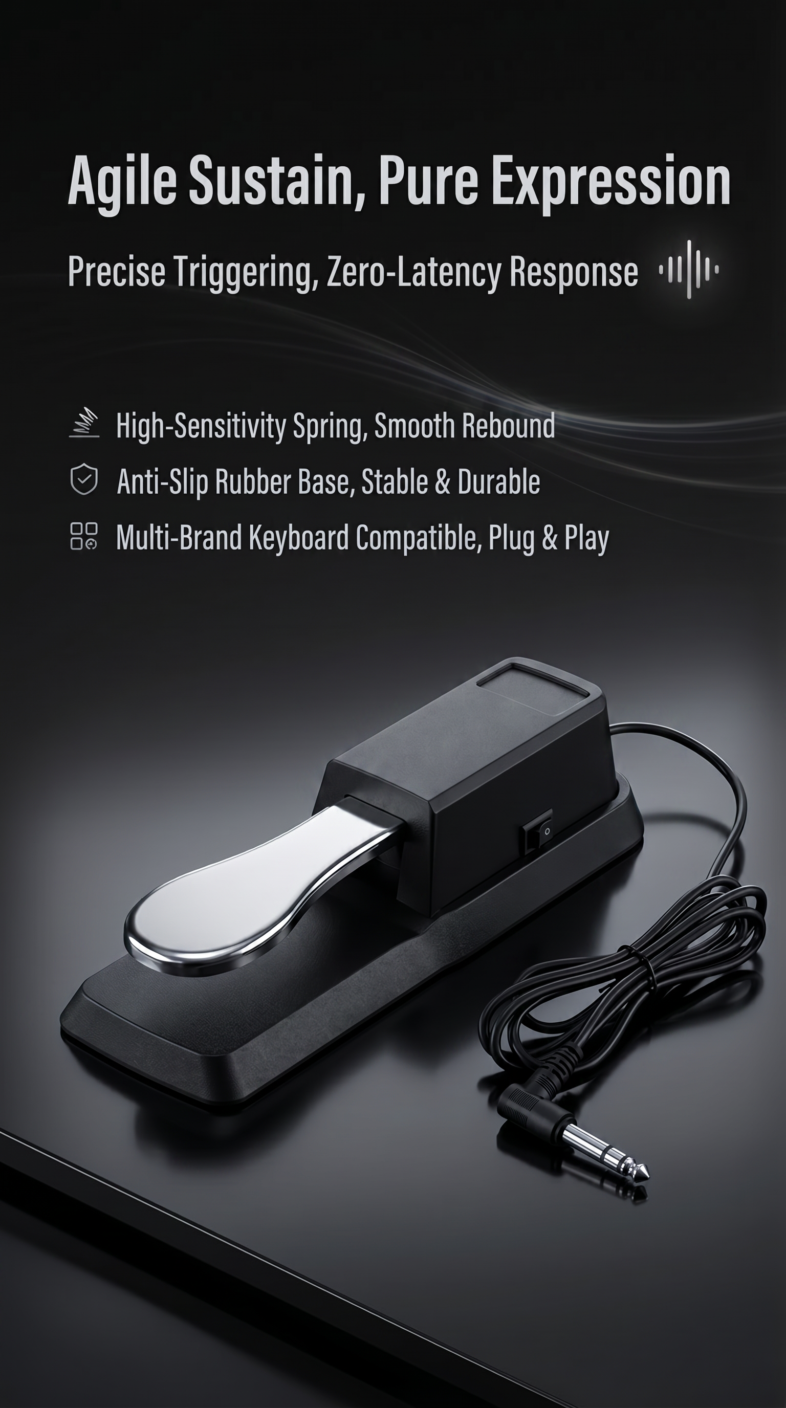 Universal Digital Piano Sustain Pedal, 6.35mm Audio Jack, Compatible with Electronic Keyboard & MIDI Keyboard, Musical Instrument Foot Controller