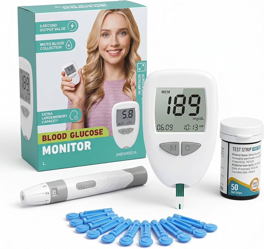 Blood Glucose Monitor Glucometer Blood Sugar Diabetes Tester Kit + 50 pcs Test Strips + 100pcs Lancets Needles
