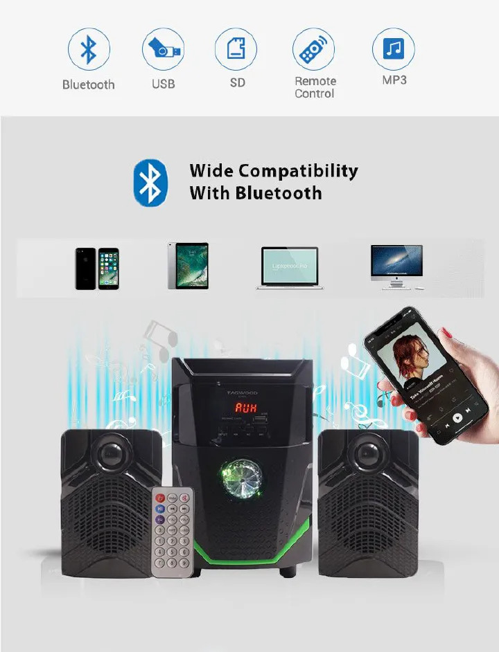 TAGWOOD LS 421L 2.1CH 8500W WOOFER Home Audio SPEAKER BLUETOOTH/FM/SB/USB Subwoofer Speaker System
