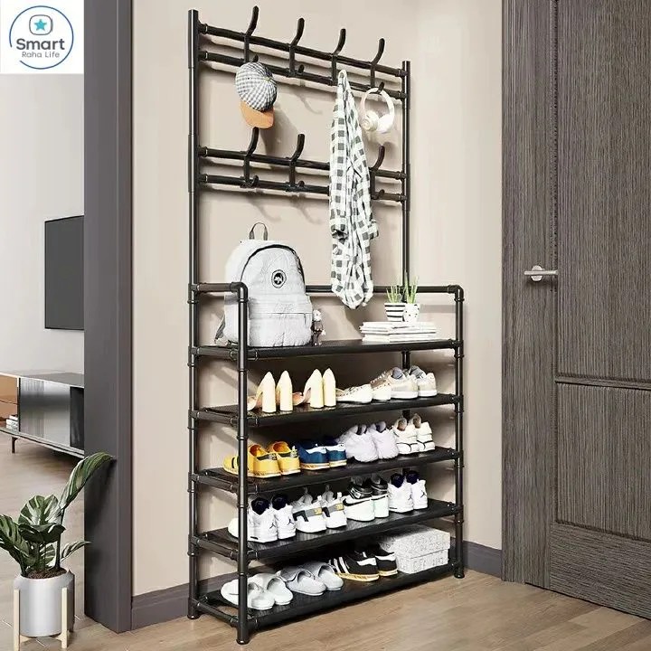 High Strength Steel Pipe High load-bearing capacity 5-layer Simple Assemble Shoe Rack Floor Coat and Hat Rack Shoe Integrated Household Storage Living room Bathroom Hangers hall rack