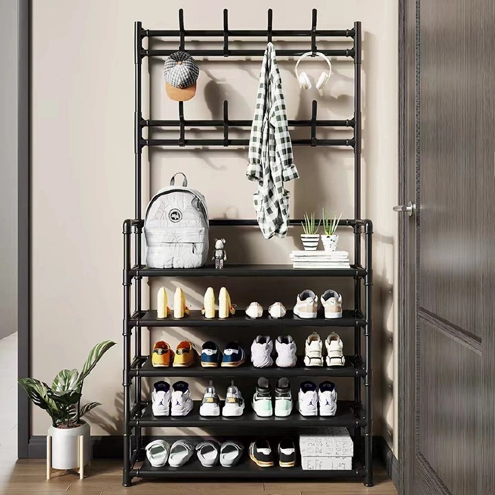 High Strength Steel Pipe High load-bearing capacity 5-layer Simple Assemble Shoe Rack Floor Coat and Hat Rack Shoe Integrated Household Storage Living room Bathroom Hangers hall rack
