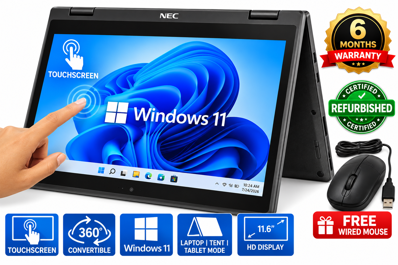 Nec VersaPro x360, Convertible 2 in 1, Intel, Touchscreen, 4 GB RAM,128 GB Internal SSD, 11.6 Display, 6 Months Warranty - Black. (Refurbished)