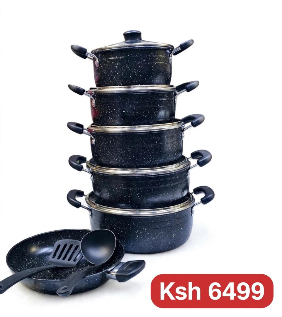 Black Granite 13-Piece Non-Stick Cooking Sufuria Pot Set with Glass Lids & Frying Pan for Home Cooking