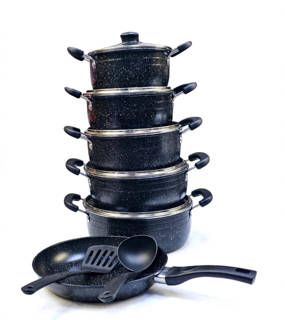 Black Granite 13-Piece Non-Stick Cooking Sufuria Pot Set with Glass Lids & Frying Pan for Home Cooking