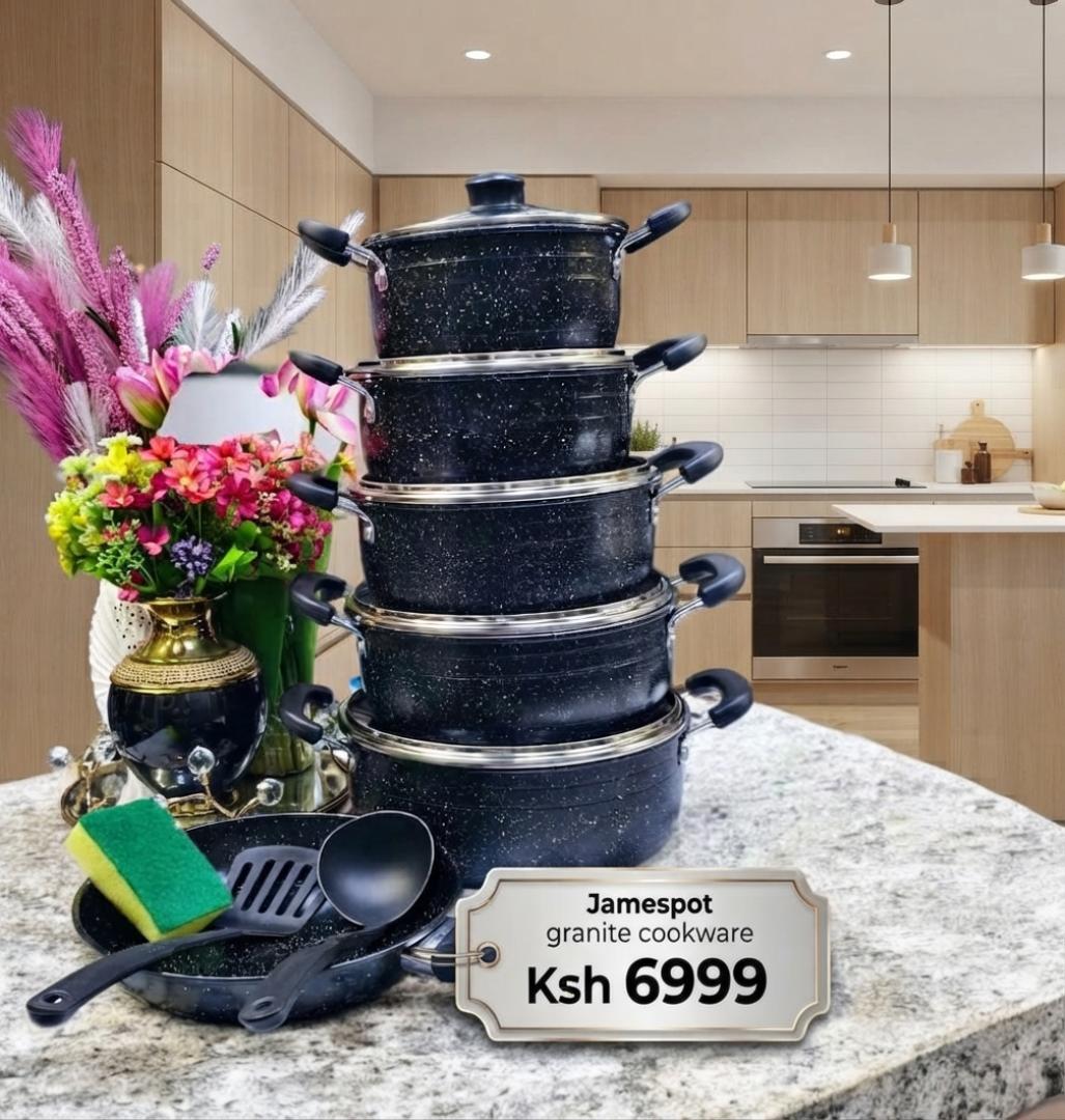 Upgrade your kitchen with the Jamespot Granite Cookware set. Featuring a durable non-stick granite coating, heat-resistant handles, and a complete matching utensil set for effortless daily cooking.