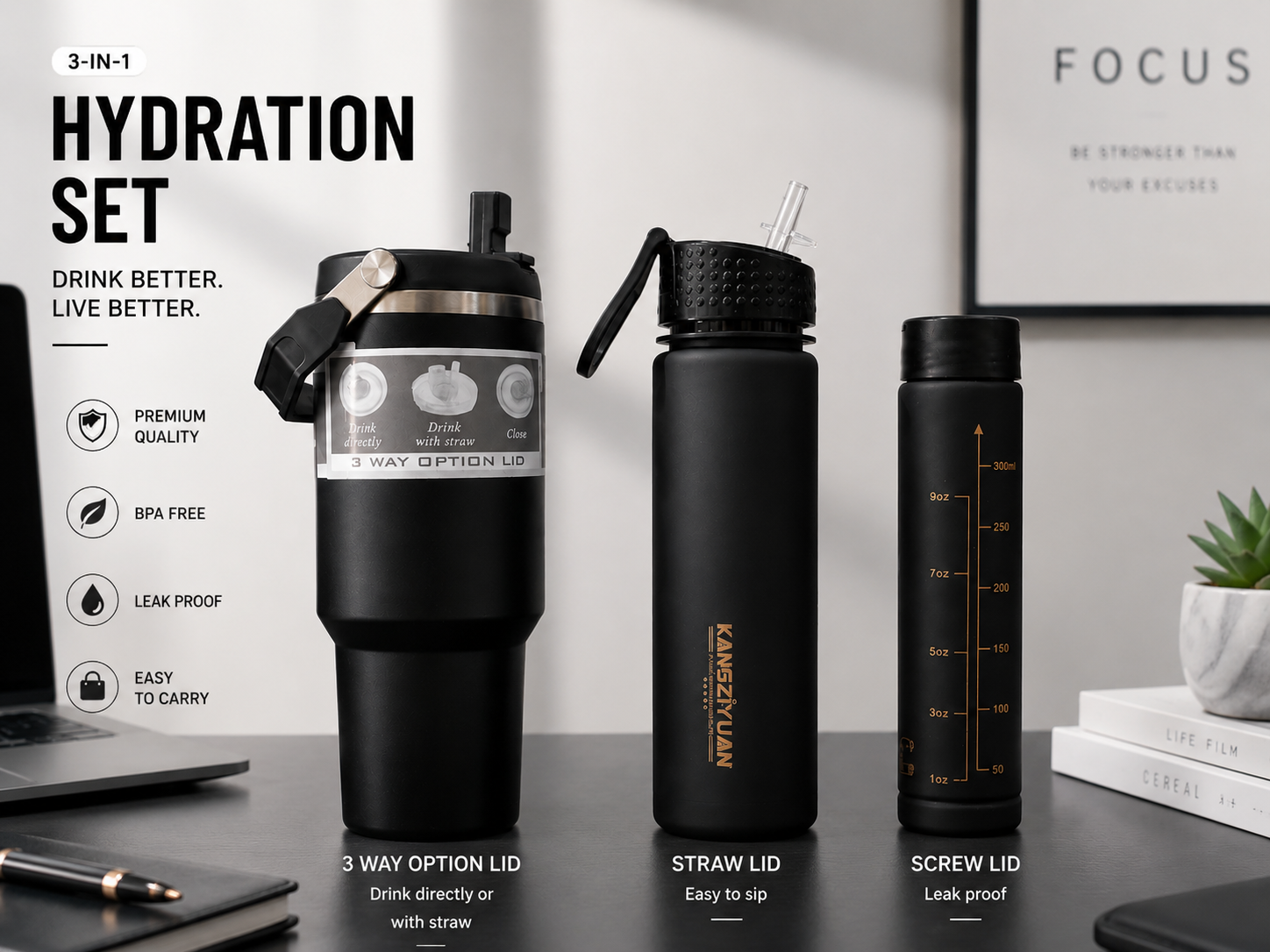 900ML Stainless Steel Car Cup 3-in-1 Set Introduction with 2 plastic water bottle Premium Quality Stainless Steel
Heat Resistant Durable & Impact Resistant Minimalist Office Design Perfect for Travel