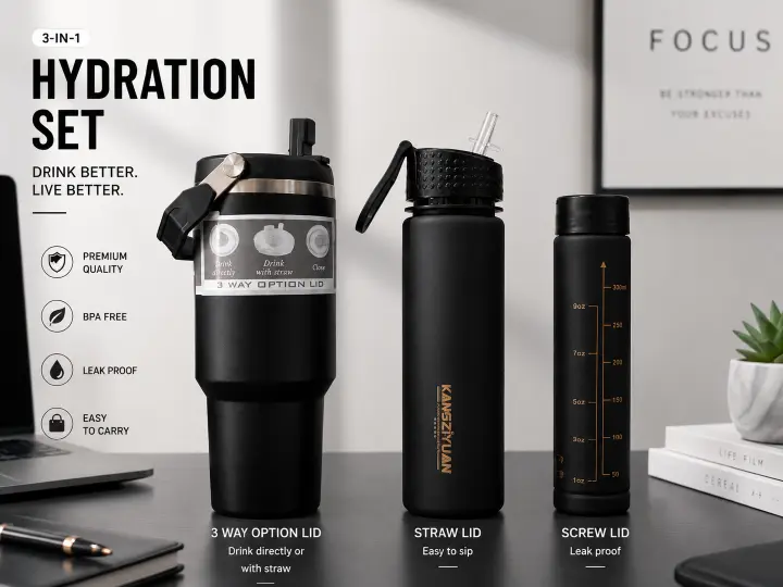 900ML Stainless Steel Car Cup 3-in-1 Set Introduction with 2 plastic water bottle Premium Quality Stainless Steel
Heat Resistant Durable & Impact Resistant Minimalist Office Design Perfect for Travel