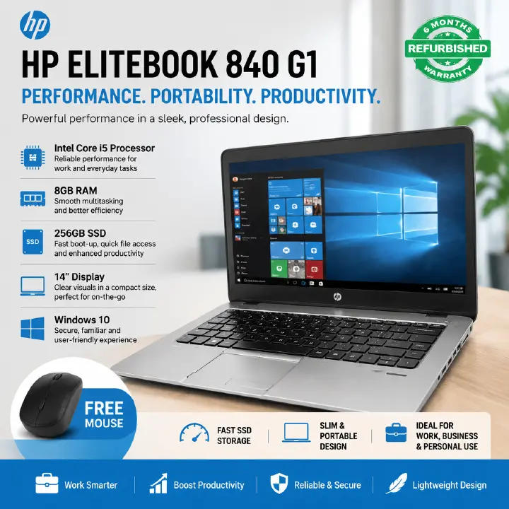 Refurbished HP EliteBook 840 G1 Laptop, Intel Core i5 Processor, 8GB RAM, 500GB HDD 14”Inch Screen Display, Windows 10, Fast SSD Storage, Slim Design, Ideal for Work, Business, and Personal Use