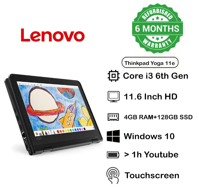 Limited Time Offer Lenovo Think pad Yoga 11e X360 Core i3 6th Gen 8GB RAM 128GB SSD Refurbished Laptop Touchscreen 11.6 Inch Screen Size Windows 10 Microsoft Office Installed Black Color