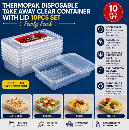 10PCS SET THERMOPAK DISPOSABLE TAKE AWAY CLEAR CONTAINER WITH LID  Secure lids help prevent spills and keep food fresh.Ideal for takeaways, meal prep, leftovers, snacks, parties & events.