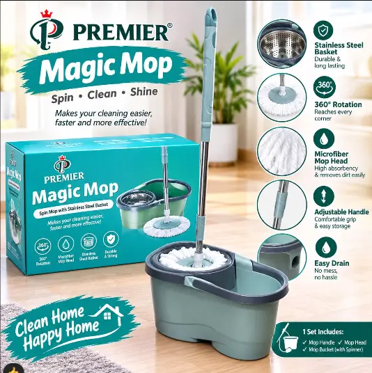 NEW ARRIVAL! 🆕🧹 PREMIER MAGIC MOP 🧹✨ Spin • Clean • Shine ✨Make cleaning easier, faster and more effective!
