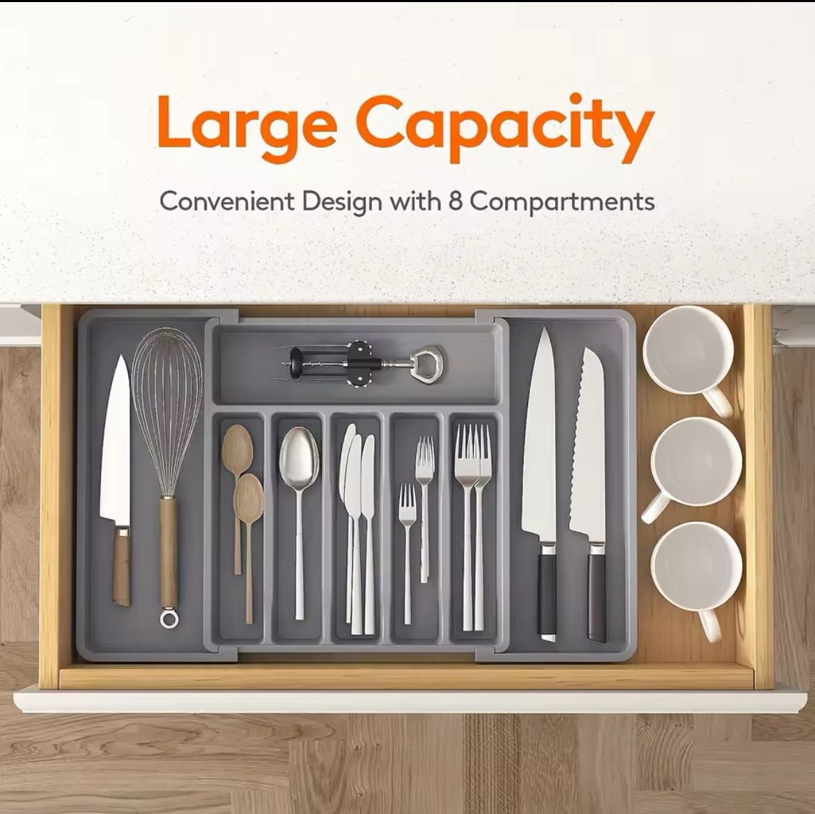 High Quality Expandable Cutlery Drawer Organizer - BPA Free Hard Plastic Adjustable Utensil Tray for Spoons, Forks, Knives & Kitchen Tools with Spacious Drawer Storage