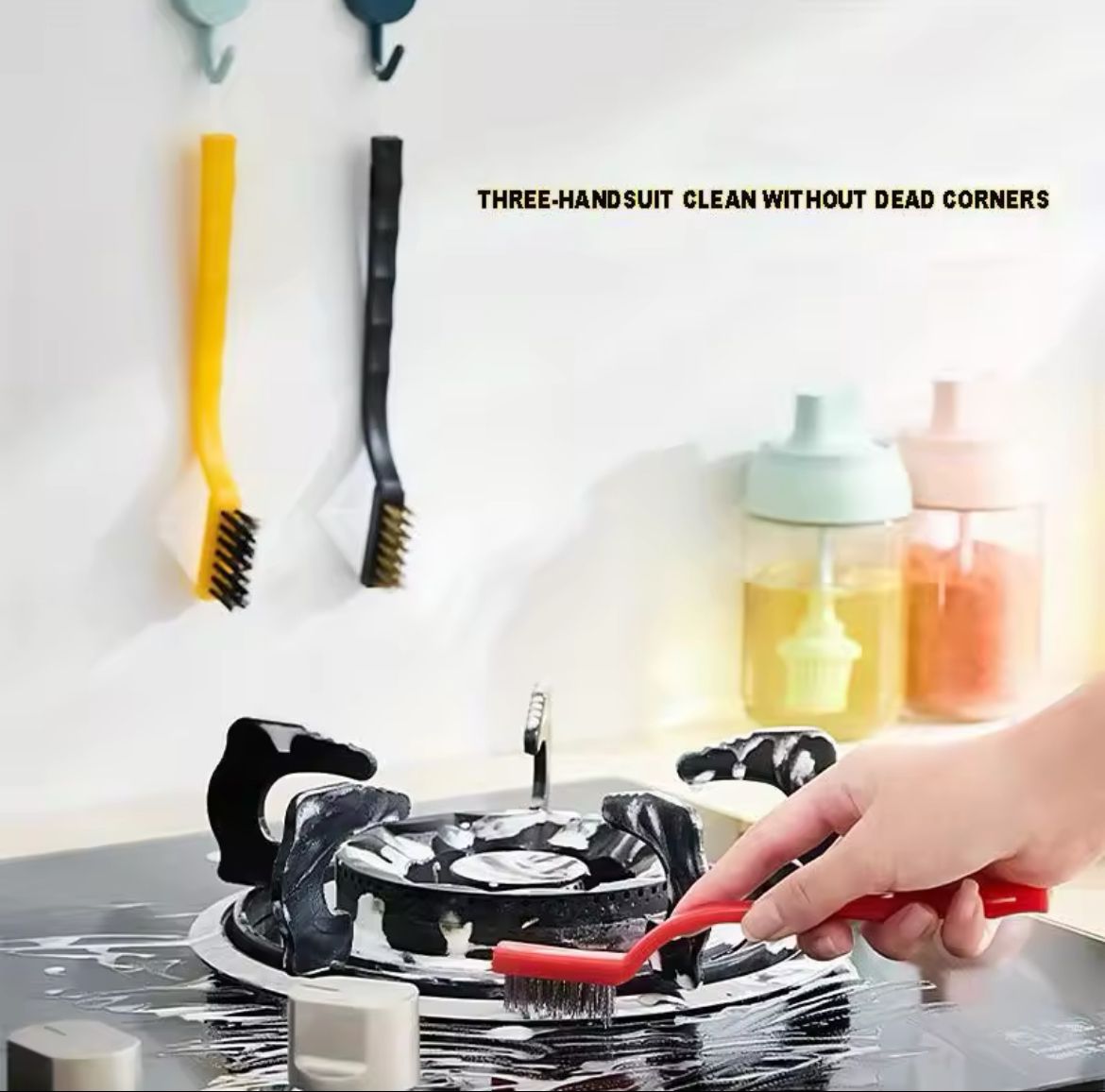 5PCS Kitchen Cleaning Brush Set - Nylon, Iron & Brass Scrub Brushes with Straight & Curved Shovels for Gas Stoves, Gaps, Windows, Bathrooms, Sinks & Hard-to-Reach Areas