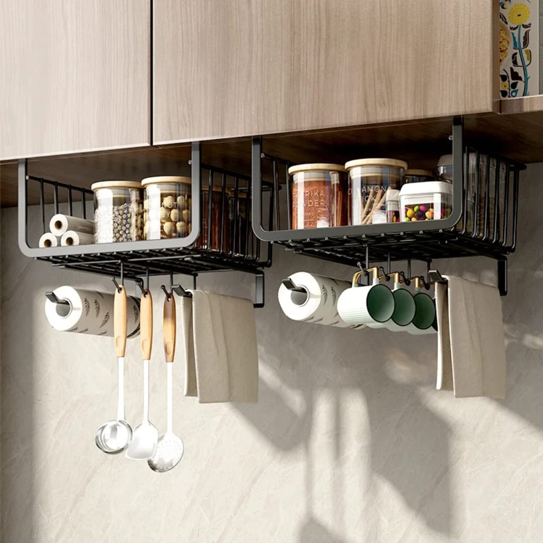 4-in-1 Metallic Under Shelf Rack with Hooks – Space-Saving Hanging Storage Organizer for Kitchen Cabinets, Shelves, Cups, Utensils & Everyday Household Organization