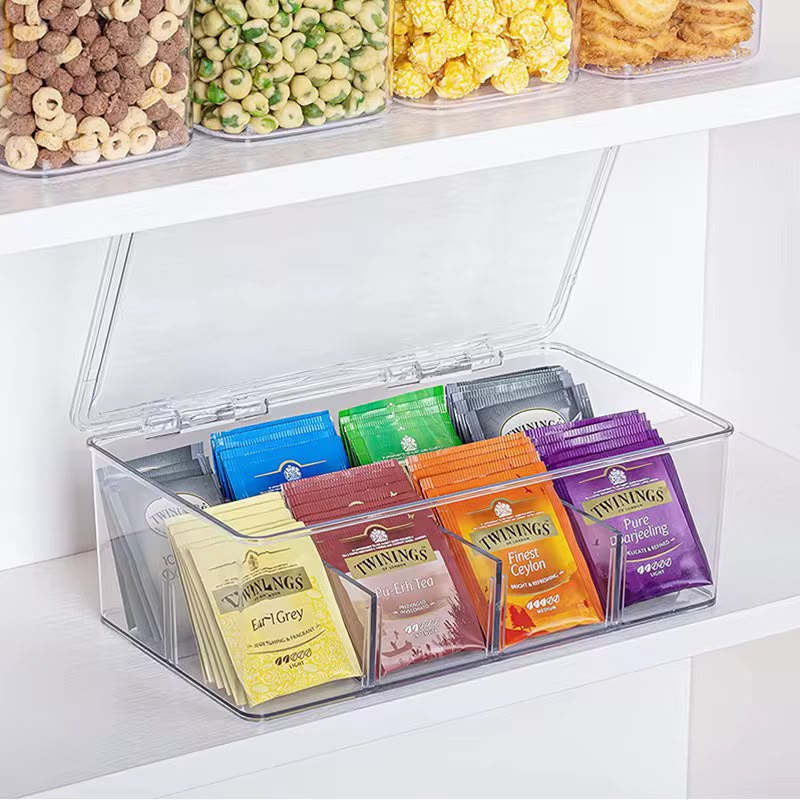 8-Slot Tea Bag & Coffee Organizer Container – Multipurpose Storage Box with Removable Dividers for Tea Bags, Coffee, Sugar Sachets, Sweeteners and Kitchen Countertop Organization