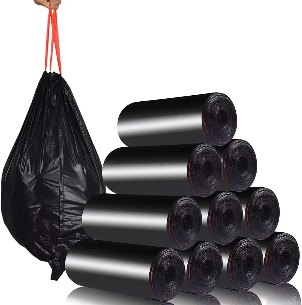 100pcs Extra Strong Trash Bags with Drawstring – Durable Leak-Resistant Garbage Bin Liners with Easy Tear-Off Perforation, Large Capacity Waste Bags for Kitchen, Office and Household Use