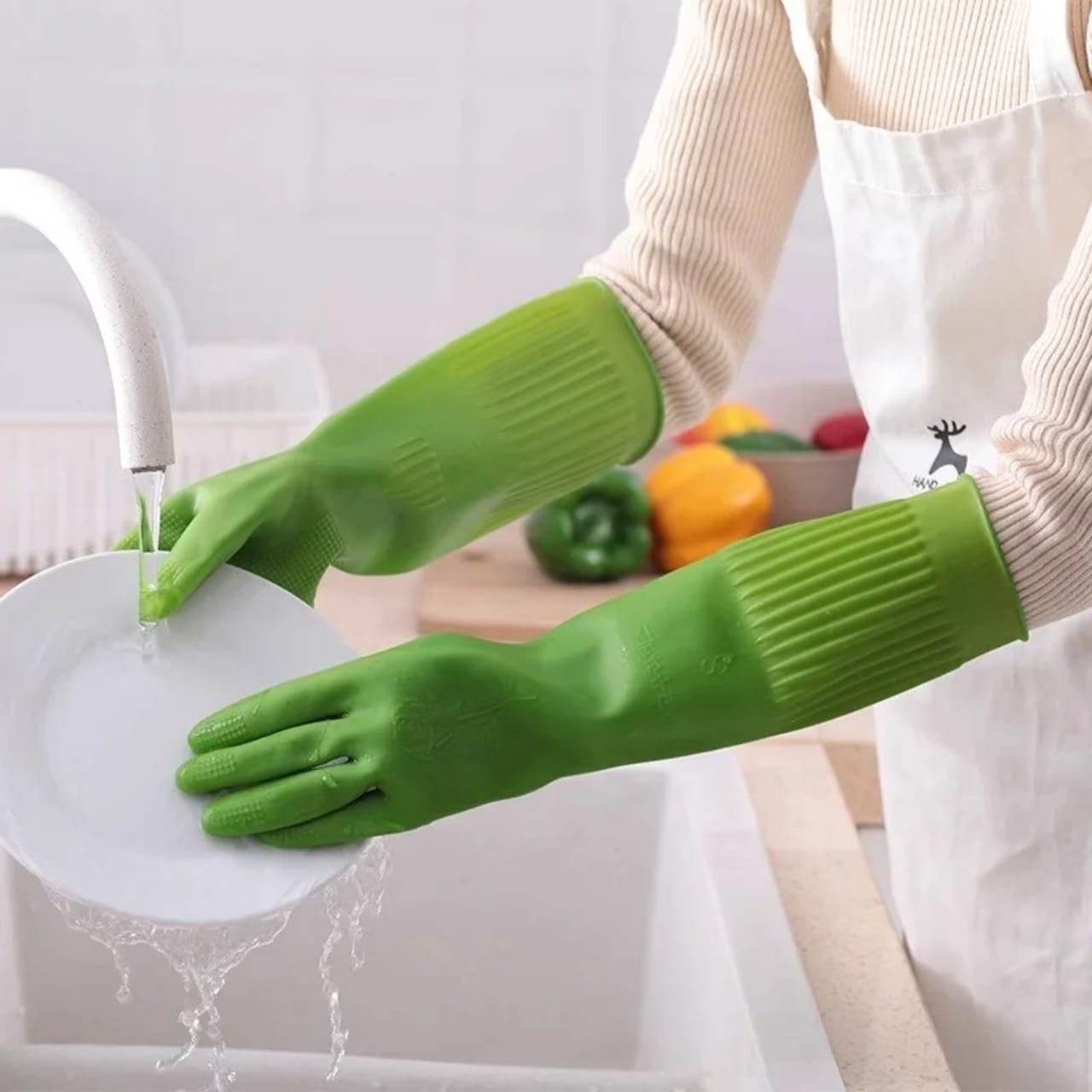 1 Pair Reusable Rubber Latex Household Cleaning Gloves – Flocklined Protective Gloves for Washing, Painting, Gardening, Pet Care, Kitchen Chores and General Household Cleaning Tasks