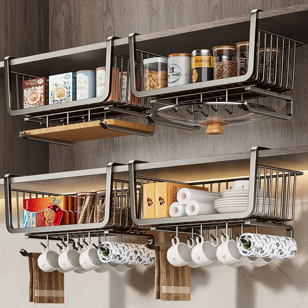 4-in-1 Metallic Under Shelf Rack with Hooks – Space-Saving Hanging Storage Organizer for Kitchen Cabinets, Shelves, Cups, Utensils & Everyday Household Organization