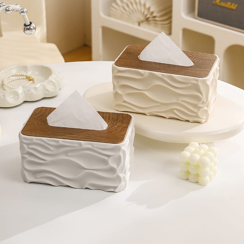 Luxury Wave Texture Tissue Box – Elegant Serviette Holder with Decorative Wave Pattern, Wood-Look Top Cover, Wide Opening & Easy-Clean Design for Home, Office, Hotel & Café Décor