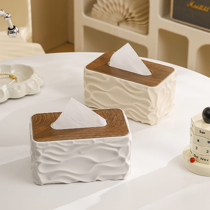 Luxury Wave Texture Tissue Box – Elegant Serviette Holder with Decorative Wave Pattern, Wood-Look Top Cover, Wide Opening & Easy-Clean Design for Home, Office, Hotel & Café Décor