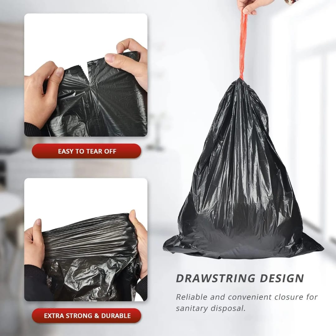 100pcs Extra Strong Trash Bags with Drawstring – Durable Leak-Resistant Garbage Bin Liners with Easy Tear-Off Perforation, Large Capacity Waste Bags for Kitchen, Office and Household Use